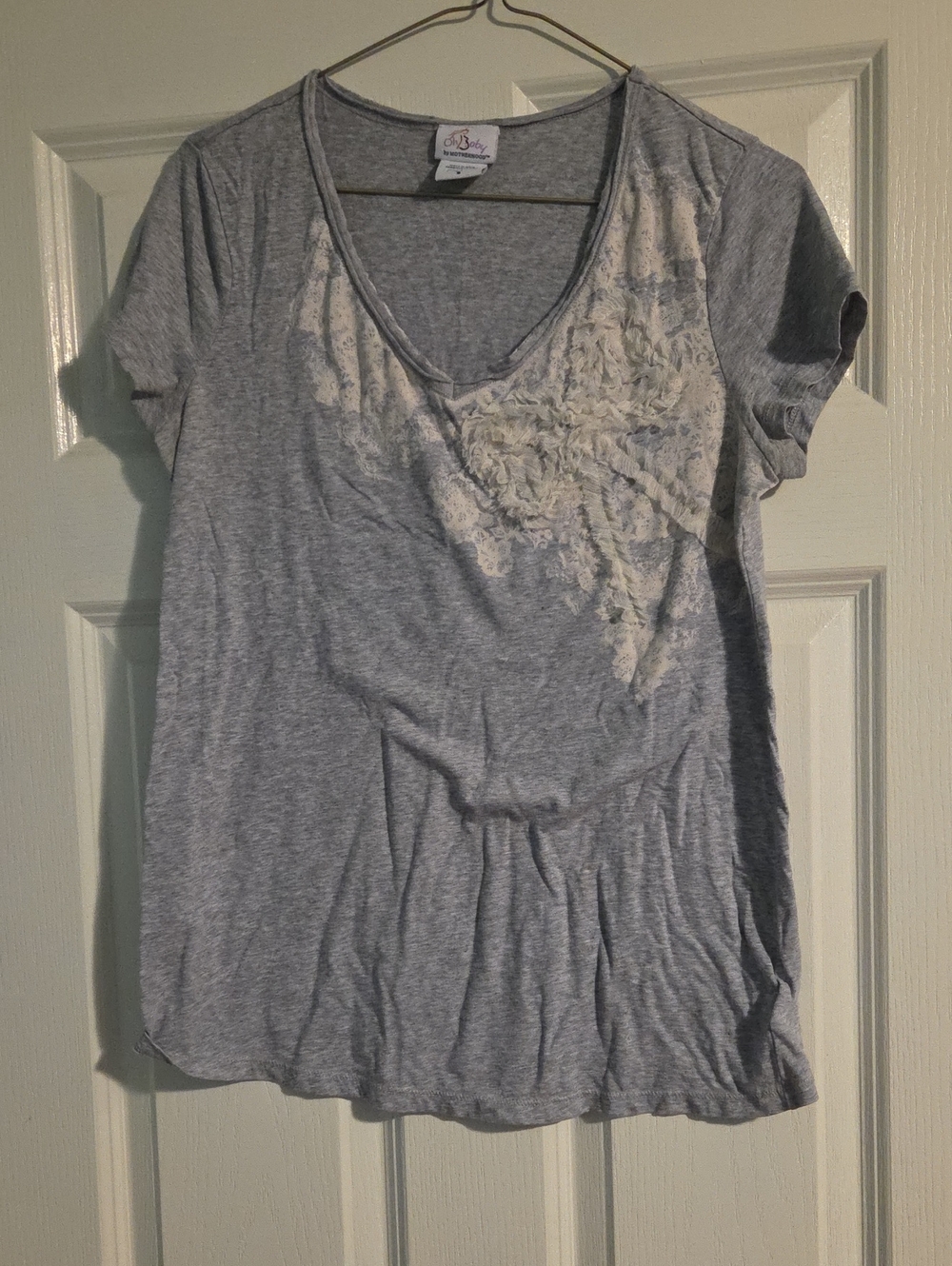 Motherhood Heather Gray Short Sleeve Tee with Cream Lace Accent